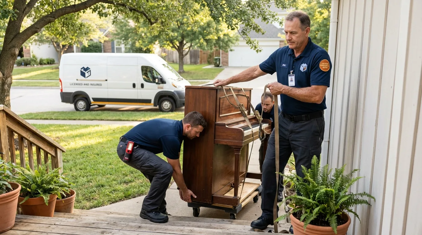 Licensed piano movers securing grand piano in Adams Center, NY