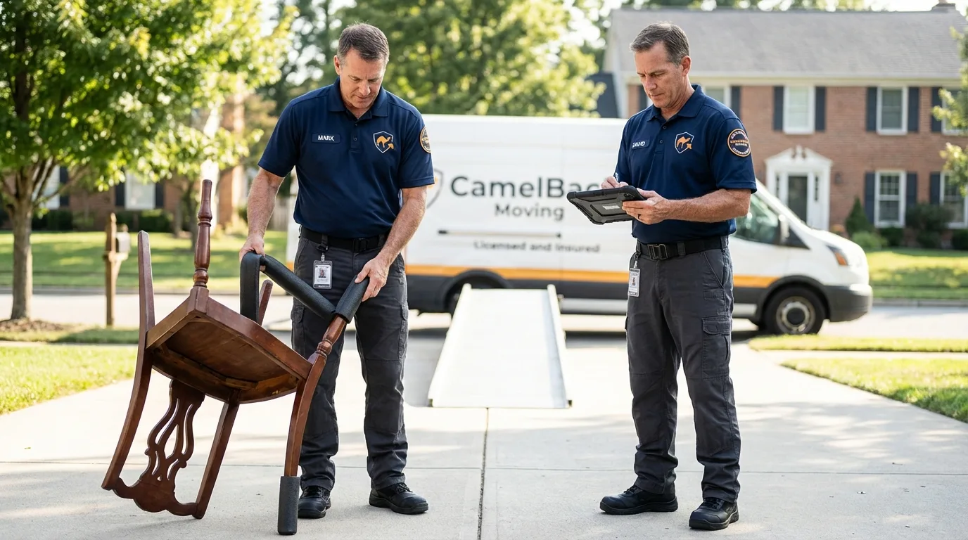 Movers inspecting furniture for damage prevention before loading in Adams Center, NY