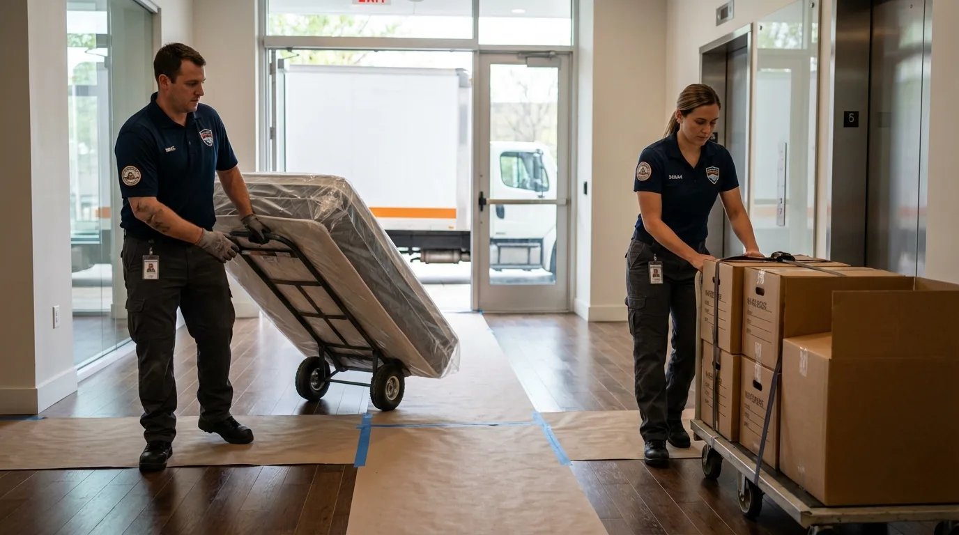 Professional apartment movers loading elevator in Adams Center, NY