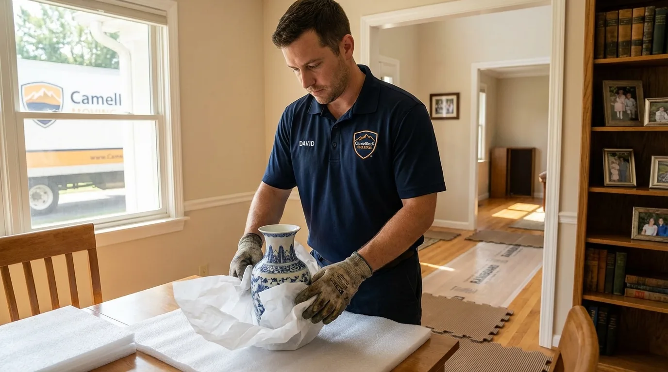 Professional crew carefully wrapping antique vase for senior downsizing move in Adams Center, NY