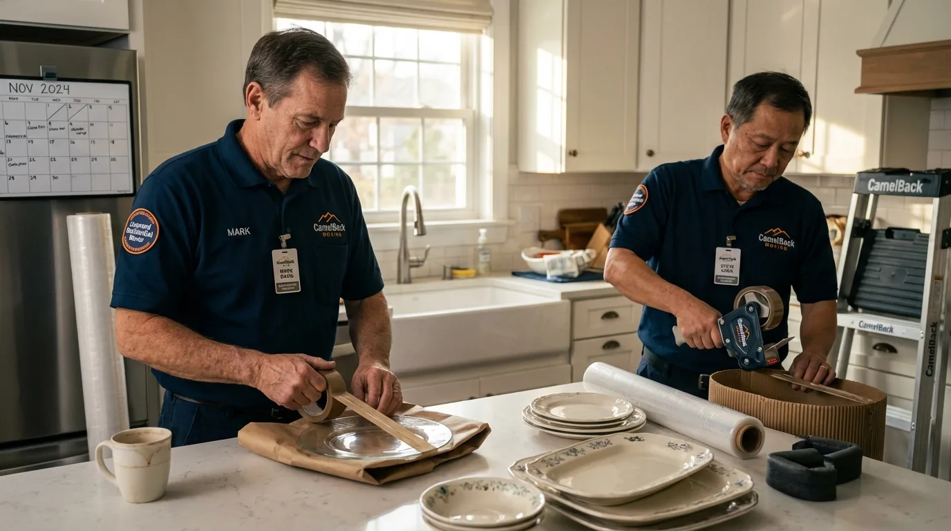 Professional crew packing kitchen dishware in Adams Center, NY